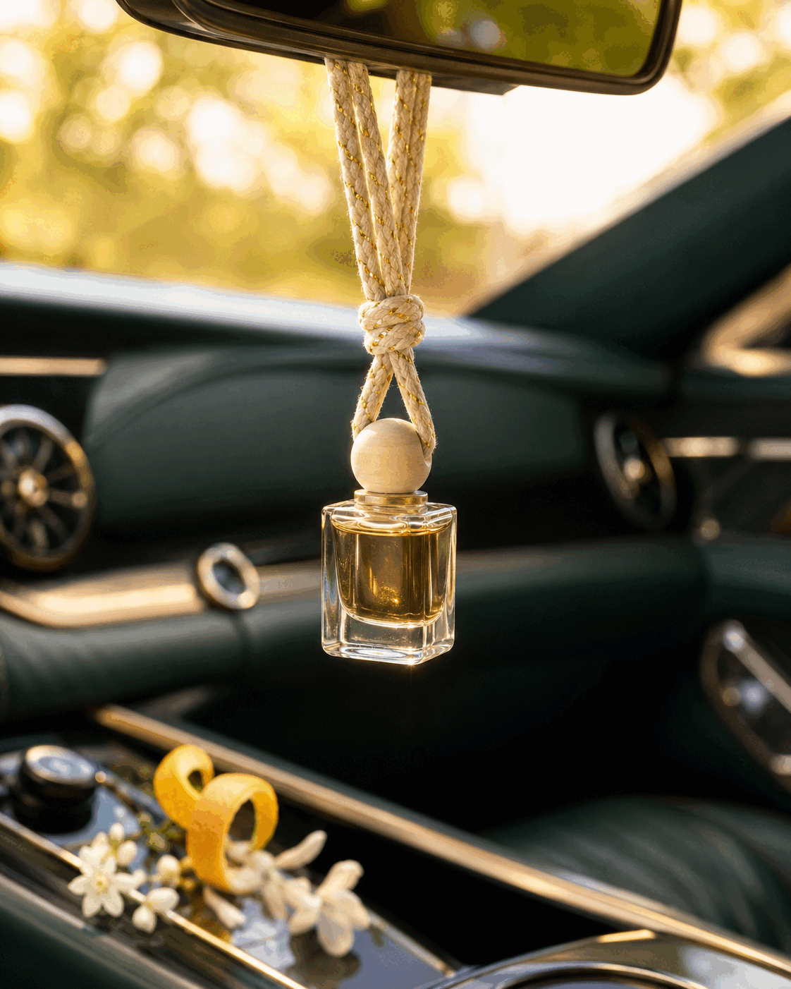 Luxury hanging car perfume diffuser in a modern car interior