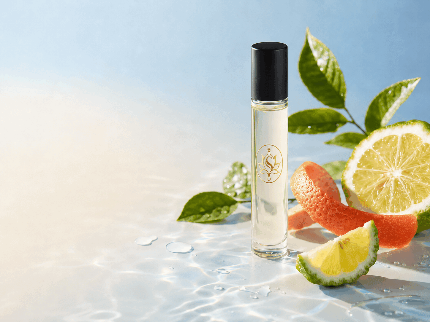 Citrus and fresh perfume oil still life
