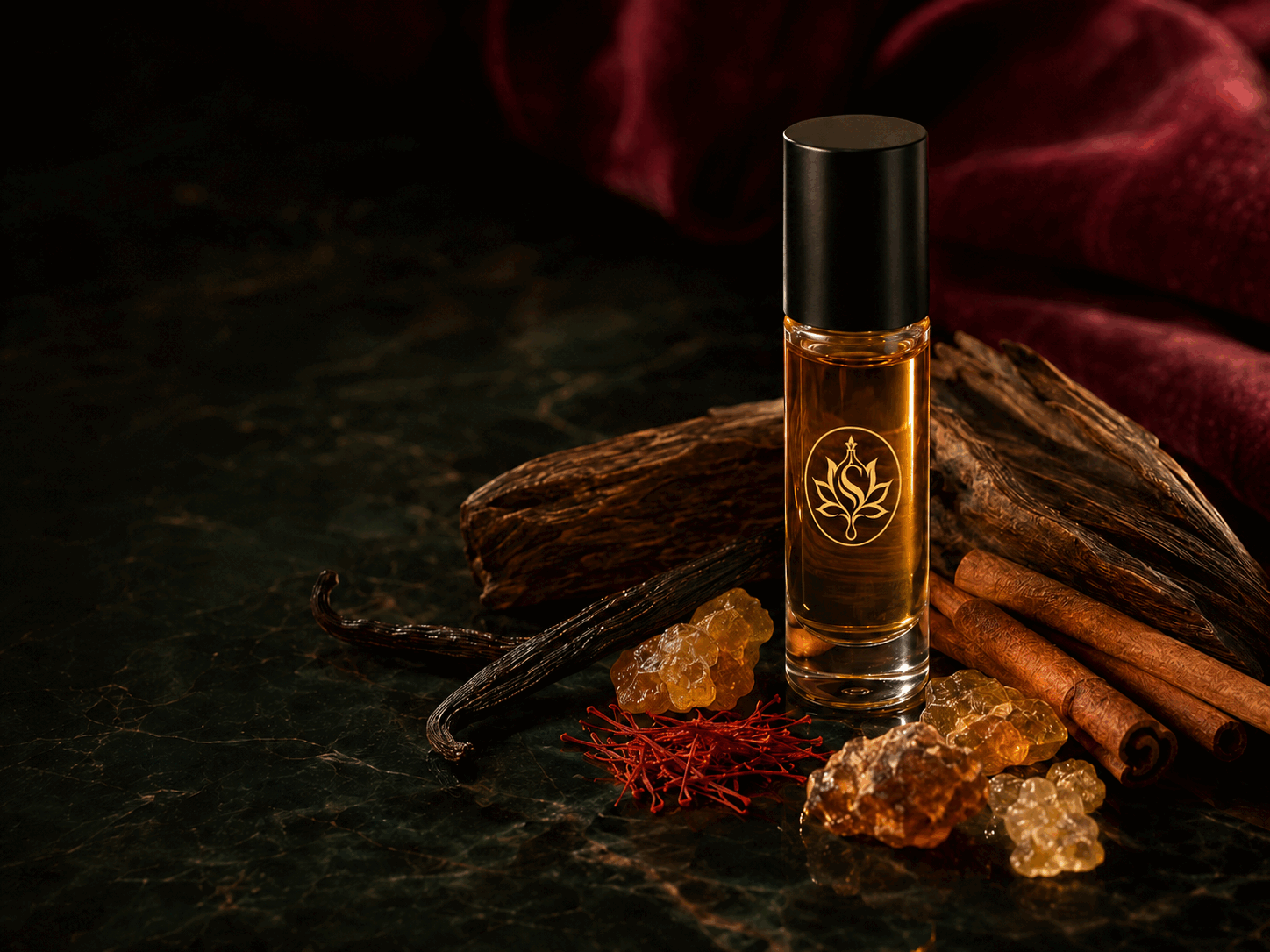 Warm perfume oil surrounded by oud wood and spice